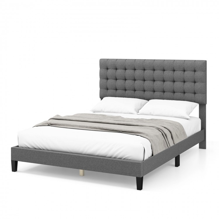 Queen size upholstered platform bed with tufted gray headboard, solid wooden slats, and under-bed storage for modern.
