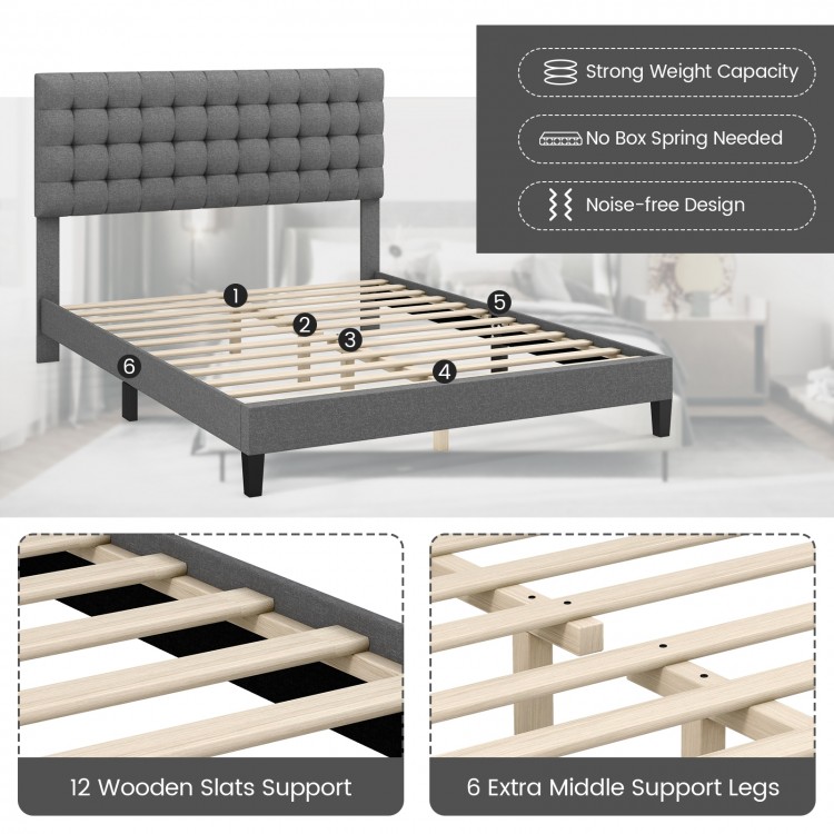 Queen size upholstered platform bed with tufted headboard, solid wooden slats, and sturdy middle support legs for.