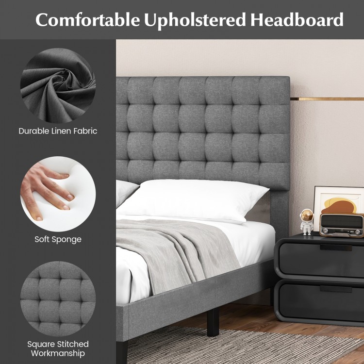 Queen size upholstered platform bed featuring a tufted linen headboard with square stitching for added comfort and.