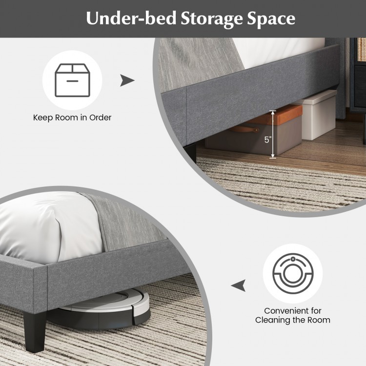 Queen size upholstered platform bed showcasing under-bed storage space for organization and easy cleaning.