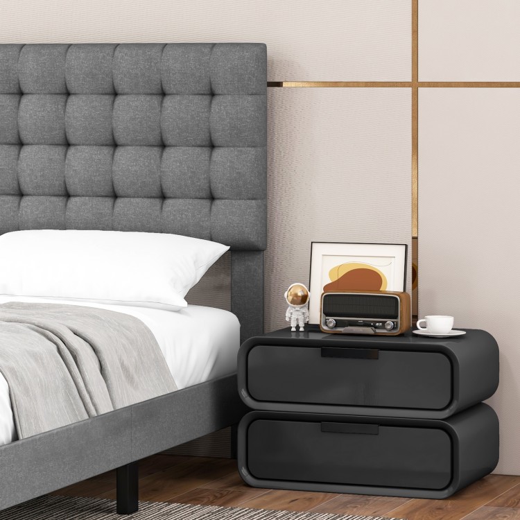 Queen size upholstered platform bed with tufted headboard, featuring a modern design and ample under-bed storage.