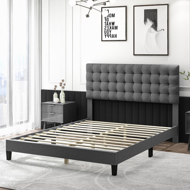 Queen size upholstered platform bed with tufted gray headboard and wooden slats, perfect for modern bedroom decor.