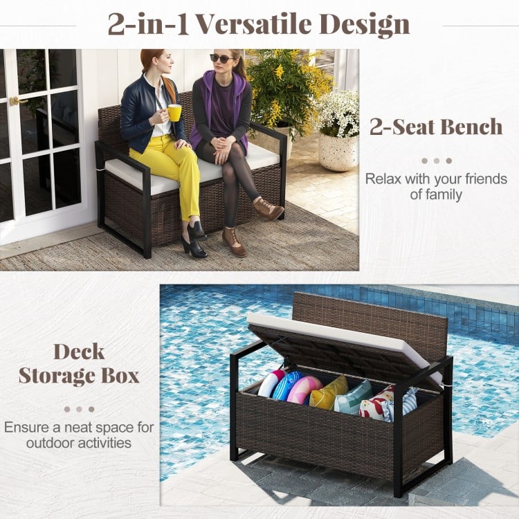 Mix brown and off-white patio storage bench with ergonomic backrest, suitable for backyard or poolside relaxation.