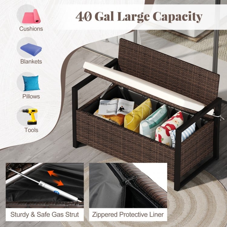 Patio storage bench in mix brown and off-white, featuring 40-gal storage, removable cover, and ergonomic backrest.