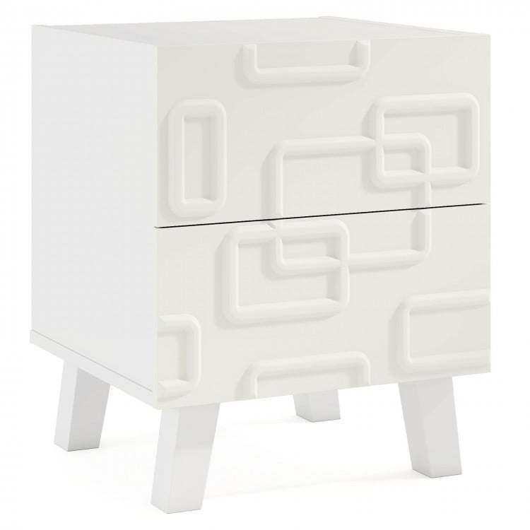 Modern nightstand side table in white with 3D geometric patterns and two spacious drawers for stylish storage.