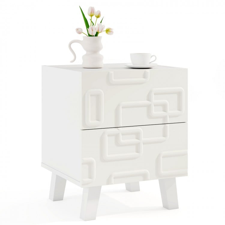 Modern nightstand side table in white with 3D geometric patterns, featuring two drawers for storage and a convenient.