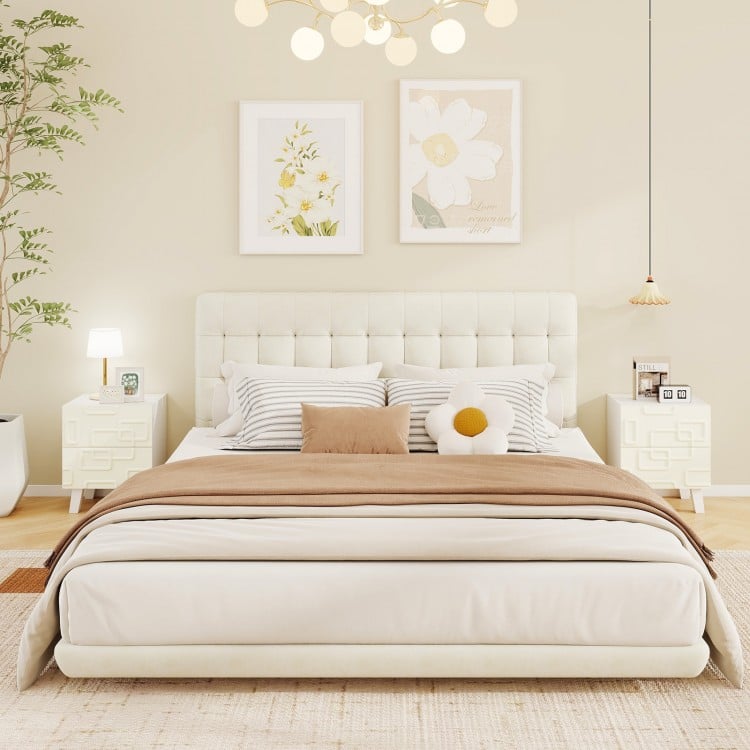 Modern white nightstand with 3D geometric patterns, featuring two drawers for storage, ideal for bedside essentials.