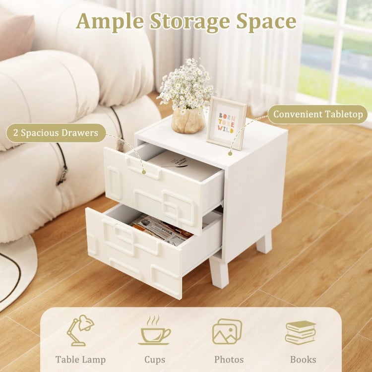 Modern nightstand in white with 2 spacious drawers and 3D geometric patterns, perfect for bedside essentials.