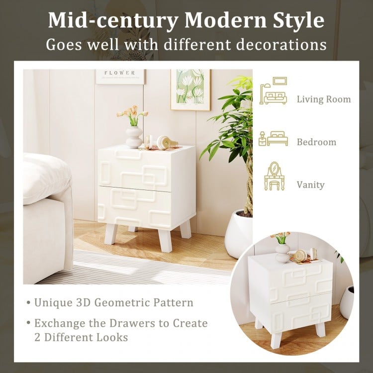 White modern nightstand with a unique 3D geometric pattern, featuring two drawers and a convenient tabletop for decor.