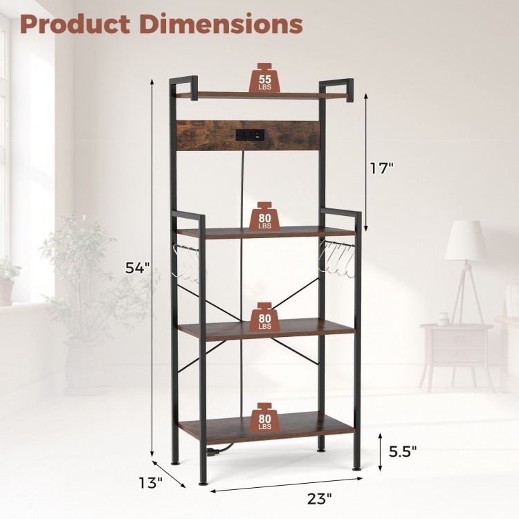 4-tier kitchen bakers rack in rustic brown with power outlet, featuring 4 shelves and 8 hooks for versatile storage.