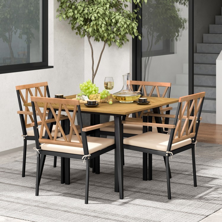 Outdoor dining table with four cushioned chairs, featuring acacia wood and a 1.9-inch umbrella hole for patio use.