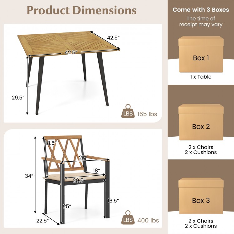 Outdoor dining table with a 42.5” acacia wood top and two chairs with cushions, perfect for patio or garden use.