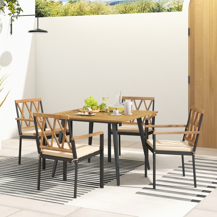 Outdoor dining table set with acacia wood and metal frame, featuring cushions and 1.9" umbrella hole for patio use.