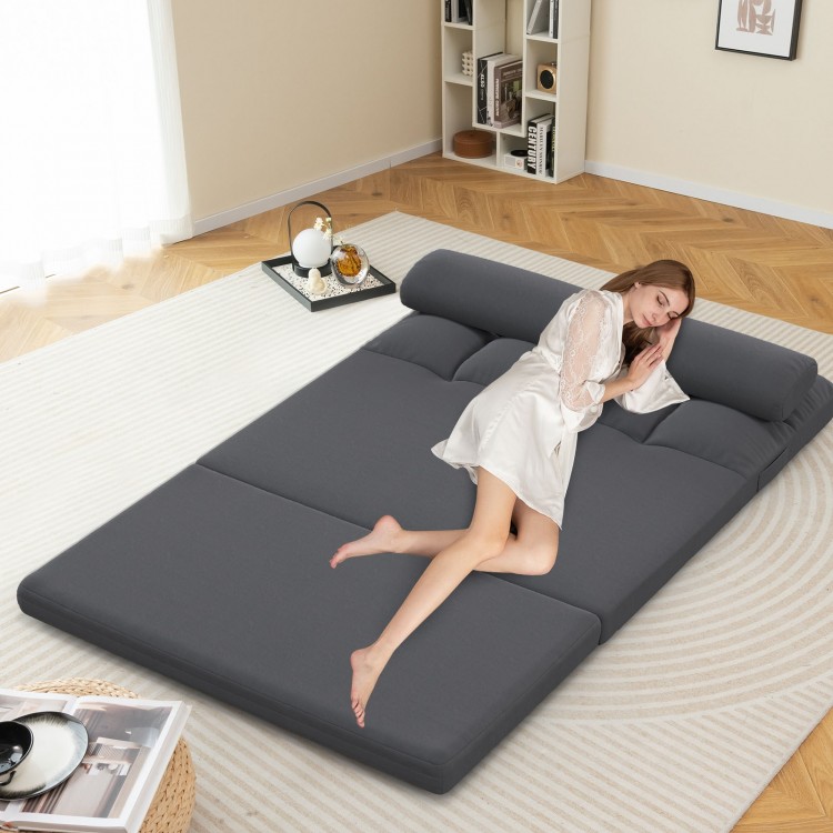 Adjustable floor sofa bed in dark gray velvet, featuring a 6-position backrest and two pillows for ultimate comfort.