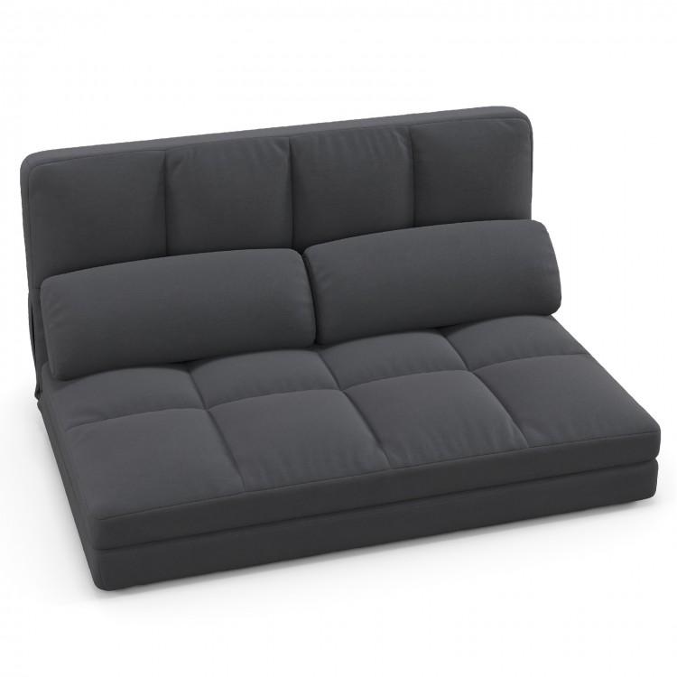 Dark gray floor sofa bed with adjustable 6-position backrest and two pillows, perfect for lounging or sleeping.