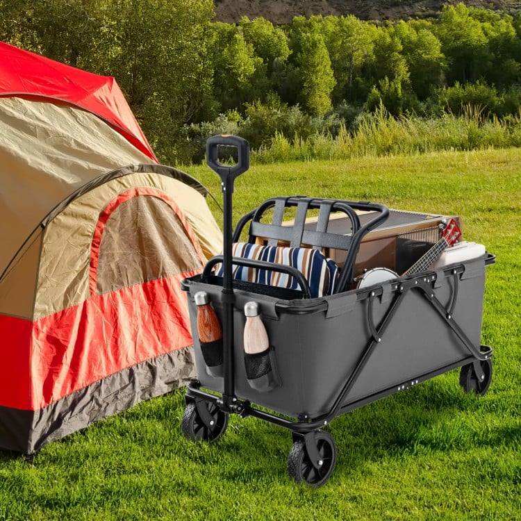 Collapsible folding wagon cart in gray with adjustable handlebar, 45-gallon capacity, and all-terrain wheels for.