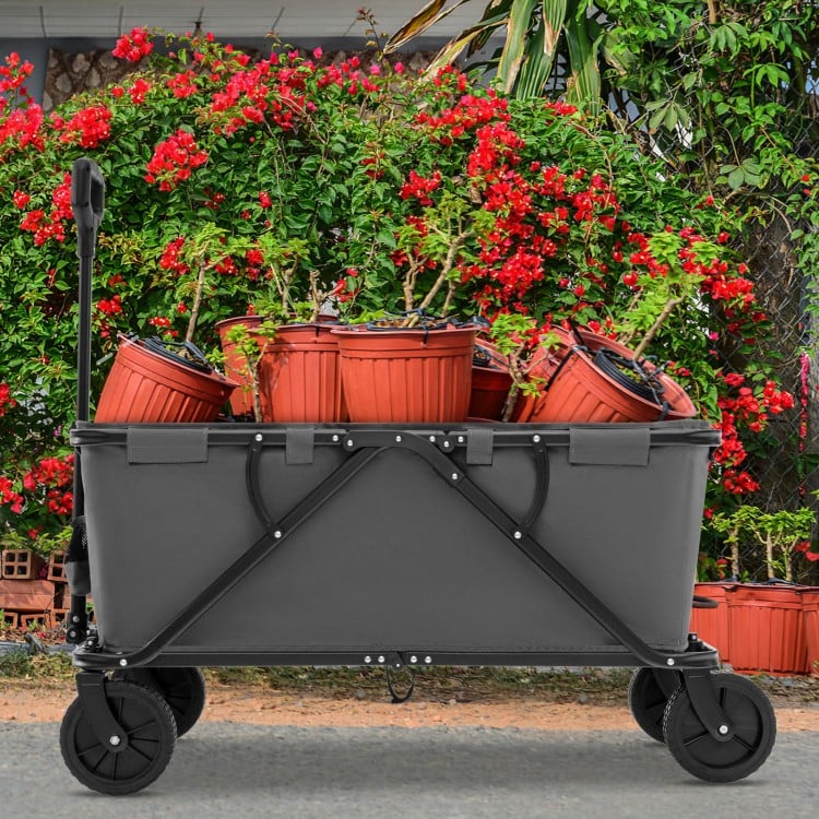 Collapsible folding wagon cart in gray with 45-gallon capacity, adjustable handlebar, and all-terrain wheels for easy.