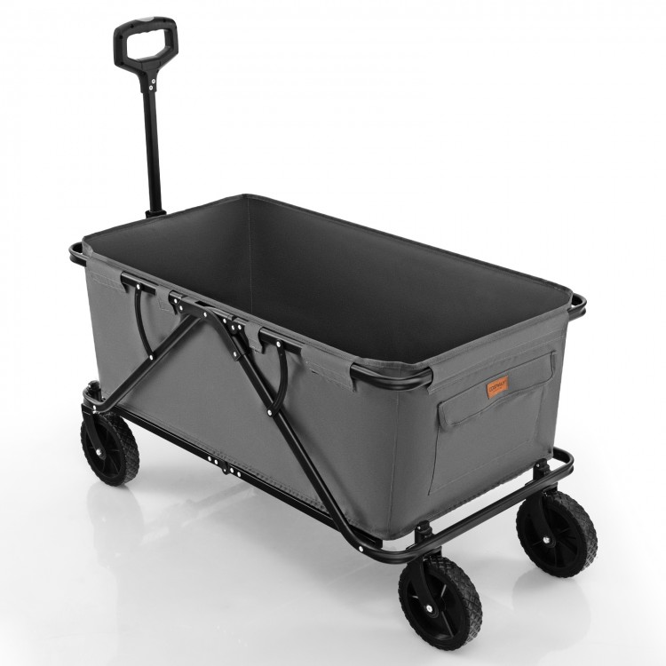 Collapsible gray folding wagon cart with adjustable handlebar, 45-gallon capacity, and all-terrain wheels for versatile.
