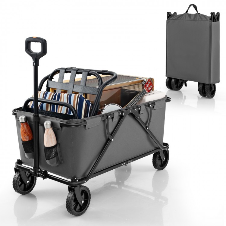 Collapsible folding wagon cart in gray with adjustable handle, 45-gallon capacity, and all-terrain wheels for easy.