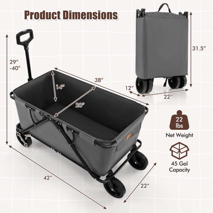 Collapsible folding wagon cart in gray with 45-gallon capacity, adjustable handle, and all-terrain wheels for easy.