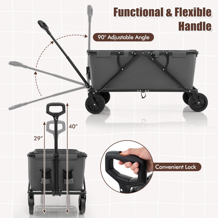Close-up of the adjustable handlebar on the gray collapsible folding wagon cart, featuring a convenient lock for.