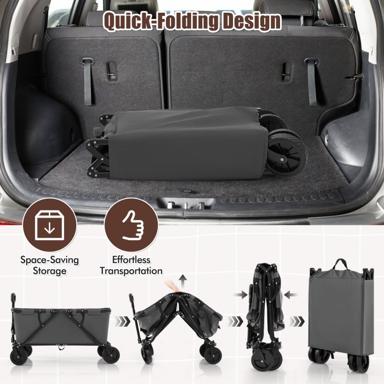 Collapsible gray folding wagon cart with quick-folding design, adjustable handlebar, and all-terrain wheels for easy.