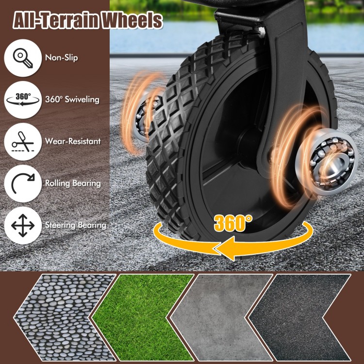 All-terrain swiveling wheel detail of the collapsible folding wagon cart, featuring a non-slip texture for enhanced.