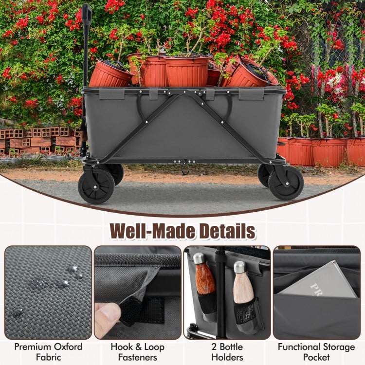 Collapsible gray wagon cart with adjustable handlebar, 45-gallon capacity, and all-terrain wheels for versatile storage.