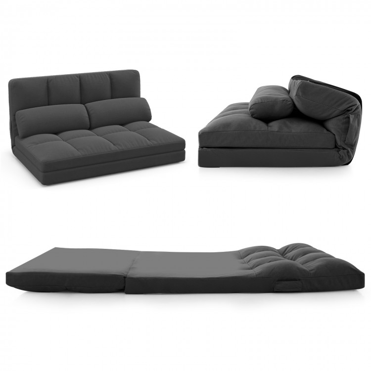 Adjustable dark gray floor sofa bed with 6-position backrest, velvet cover, and folding design for versatile use.