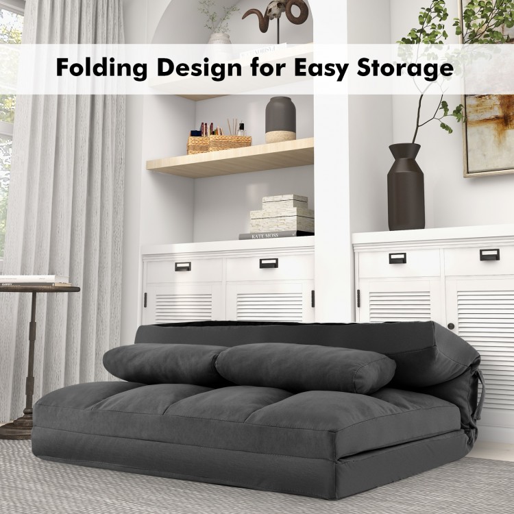 Adjustable floor sofa bed in dark gray velvet with folding design, showcasing 6-position backrest and additional.