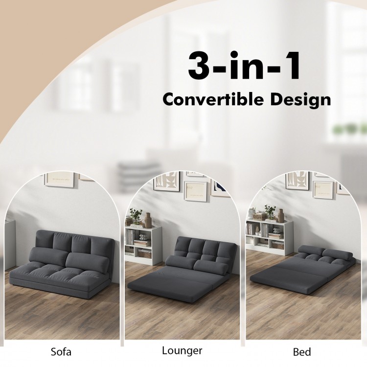Convertible floor sofa bed in dark gray with adjustable backrest, shown in sofa, lounger, and bed positions for.