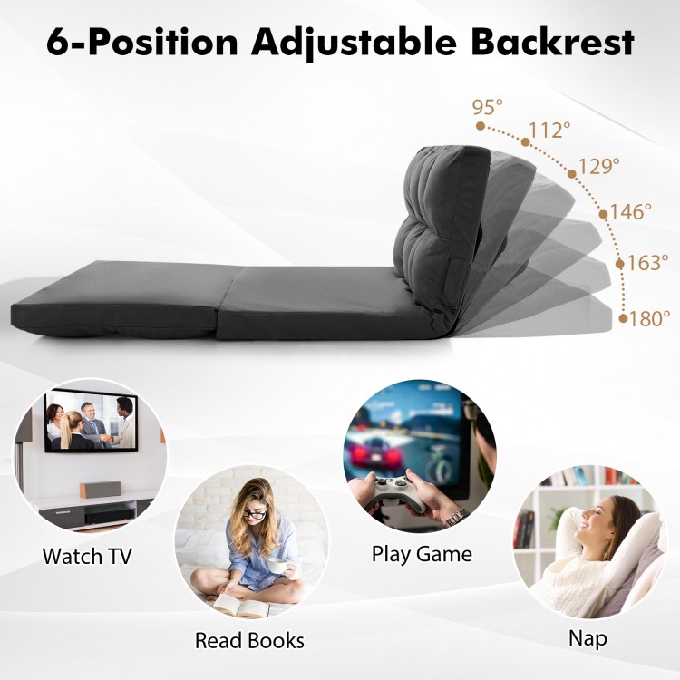 Floor sofa bed in dark gray with 6-position adjustable backrest for versatile lounging, gaming, or napping.