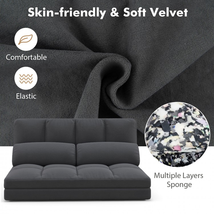 Dark gray floor sofa bed with adjustable backrest, soft velvet cover, and supportive sponge for ultimate comfort.