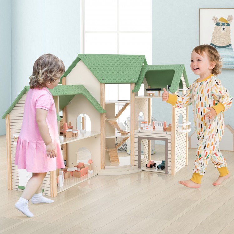 Wooden corner dollhouse playset with 6 rooms, 36 pieces, and stylish roofs for imaginative play and creativity.