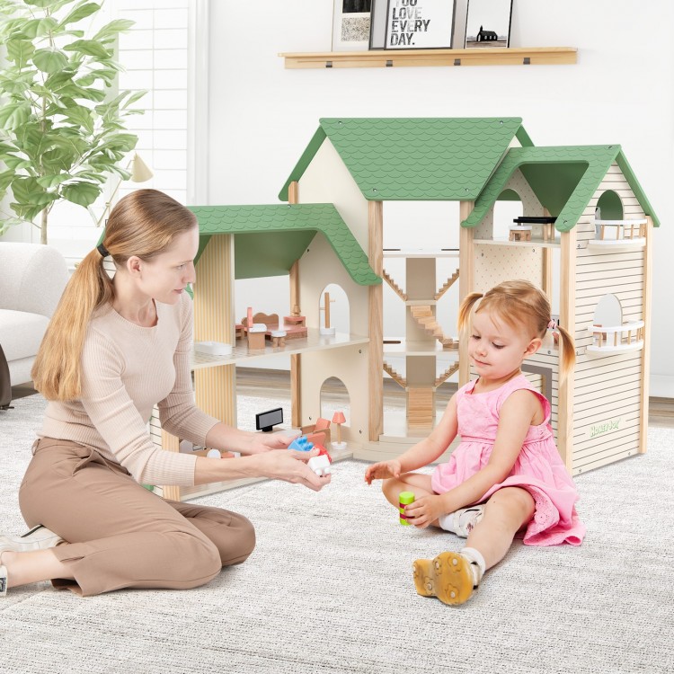 Wooden corner dollhouse playset with 6 rooms, 36 pieces, and green roofs, perfect for imaginative play for kids 3+.
