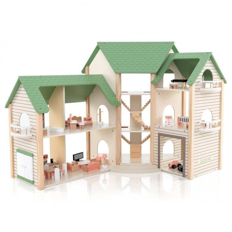 Wooden Corner Dollhouse Playset with 6 Rooms and 36 Pieces for Kids 3+ Years Old - Gallery View 1 of 10