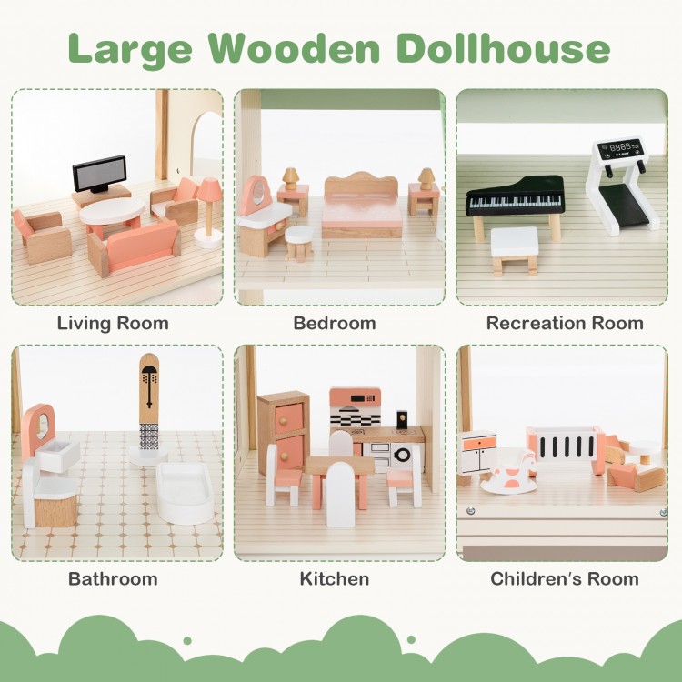 Wooden corner dollhouse playset featuring six rooms and 36 pieces, ideal for imaginative play and creativity for kids.