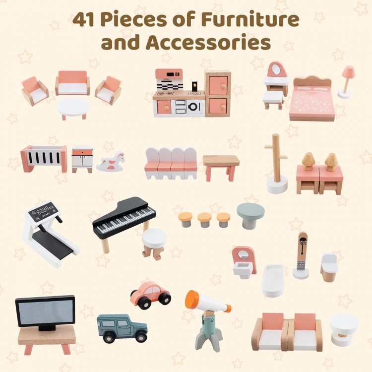 Wooden corner dollhouse playset featuring 41 accessories, including furniture and toys, for imaginative play and.