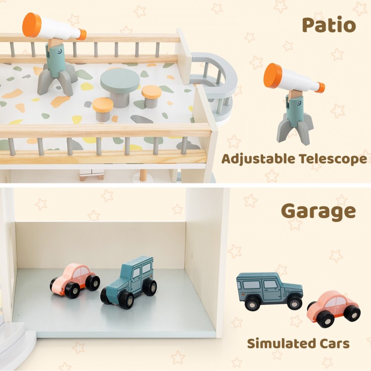 Patio view of the wooden dollhouse playset featuring an adjustable telescope and colorful seating for imaginative play.