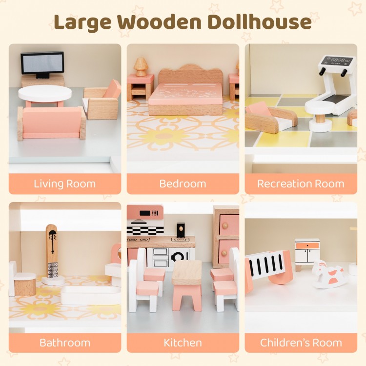 Wooden corner dollhouse playset featuring six rooms and 41 accessories, ideal for imaginative play and fine motor skill.