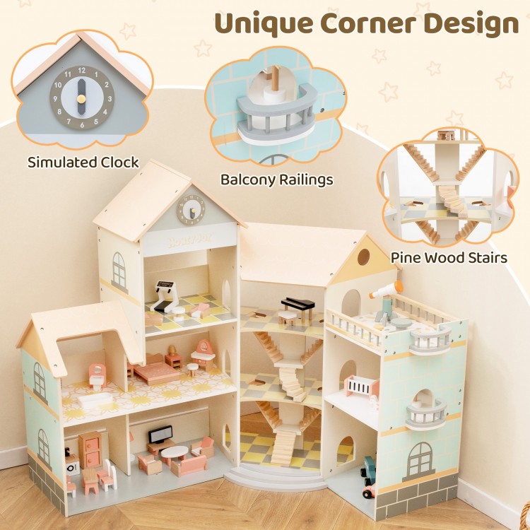 Wooden corner dollhouse playset with 41 accessories, featuring three stories, balcony railings, and pine wood stairs.