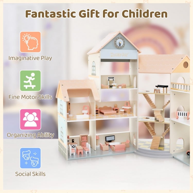 Wooden corner dollhouse playset with 41 accessories, featuring 3 stories, patio, and garage for imaginative play.
