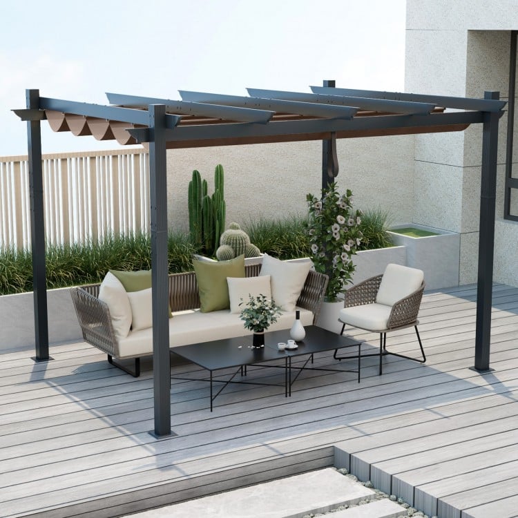Outdoor aluminum pergola with retractable canopy, featuring a coffee color and spacious seating area for garden.