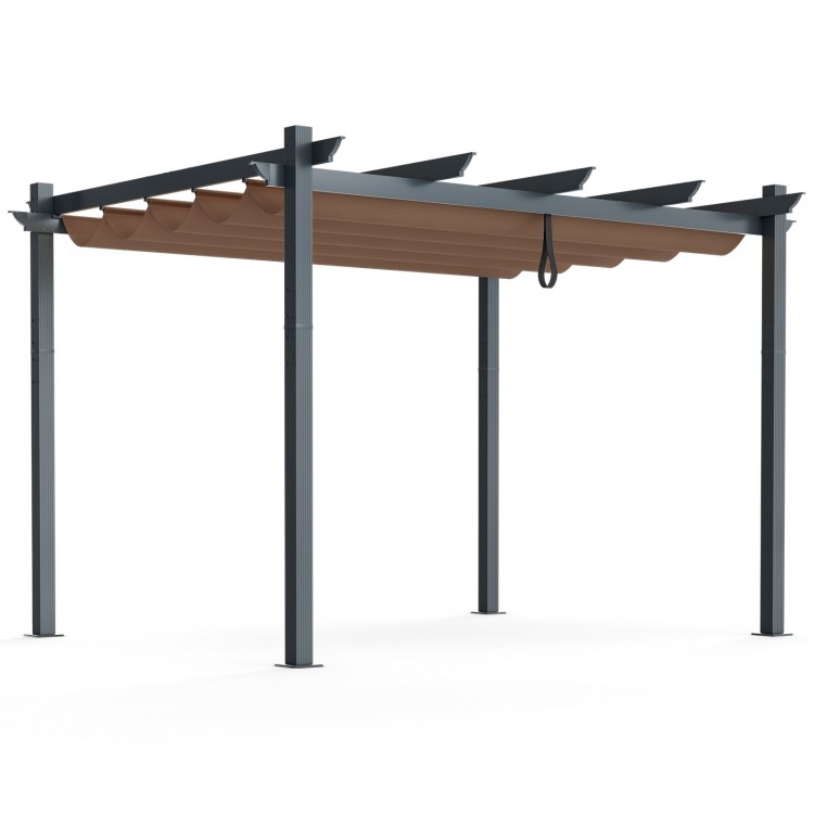 Outdoor aluminum retractable pergola canopy in coffee color, featuring a robust frame and waterproof fabric for garden.