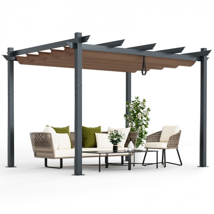 Outdoor aluminum pergola with retractable canopy, featuring a robust frame and spacious 10'x12' design for garden or.