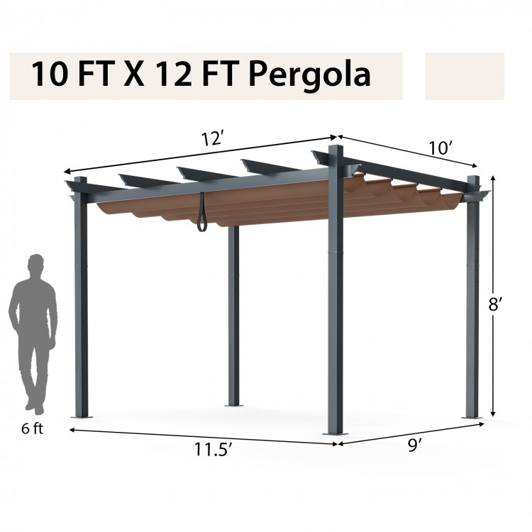 10 x 12 feet outdoor aluminum pergola with retractable canopy, perfect for BBQs and garden gatherings.