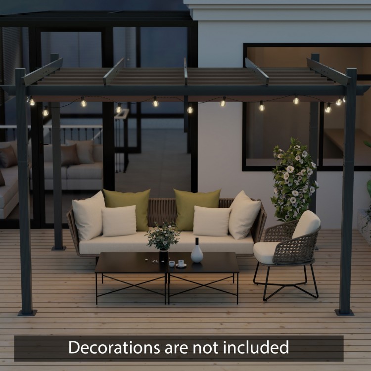 Outdoor aluminum pergola canopy with retractable shade, perfect for garden or poolside gatherings.