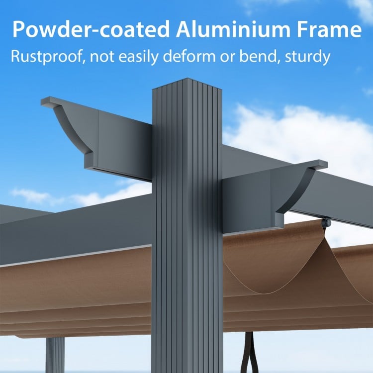 Close-up of the powder-coated aluminum frame of the 10 x 12 feet outdoor retractable pergola, showcasing its sturdy.