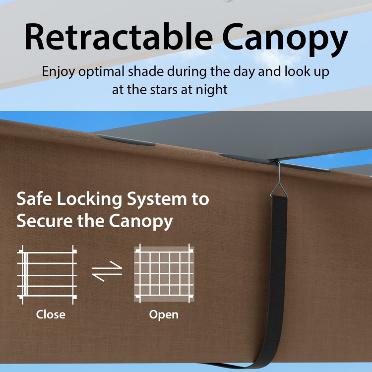 Retractable canopy detail showing safe locking system and fabric for 10 x 12 feet outdoor aluminum pergola shelter.