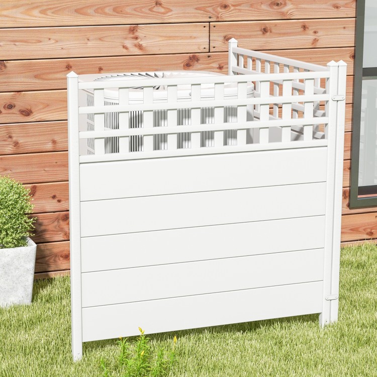 White air conditioner fence panel with metal ground stakes, designed for outdoor use in gardens or patios.